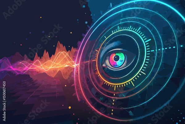 Obraz Abstract tech background featuring a vibrant radar scan with concentric rings, depicting data analysis and digital security.