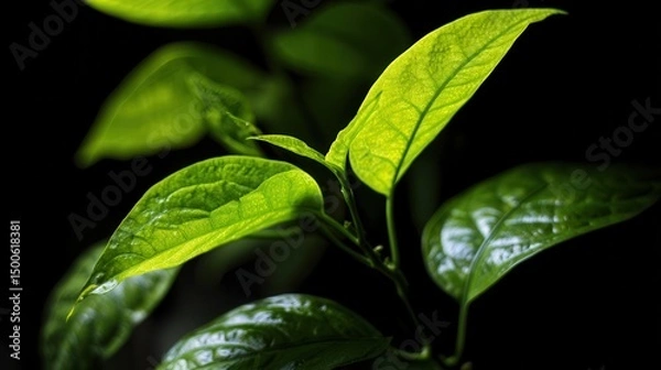 Fototapeta Close-Up of Vibrant Green Leaves with Intricate Veins Against Dark Background, Highlighting Natural Beauty and Texture in Botanical Photography