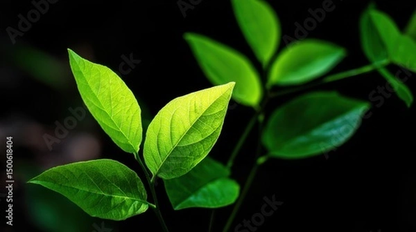 Fototapeta Close-Up View of Fresh Green Leaves Against a Dark Background Highlighting the Texture and Vibrancy of Nature's Foliage in Natural Light