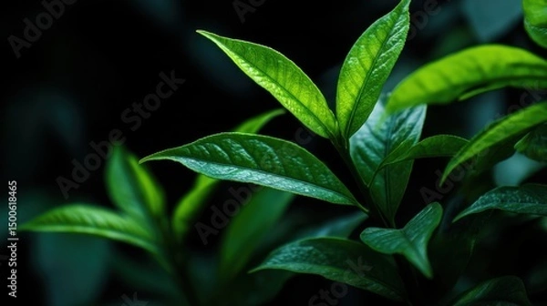 Fototapeta Close-up of Fresh Green Leaves with Textured Surface and Soft Lighting in a Dark Background Ideal for Nature Themes and Botanical Illustrations