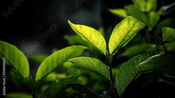 Fototapeta Close-up View of Fresh Green Leaves with Natural Light Highlighting Their Texture and Rich Color Against a Dark Background in Nature
