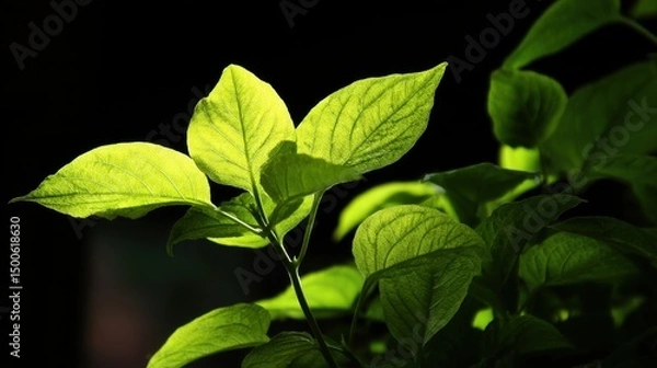 Fototapeta Bright Green Leaves Illuminated by Soft Light Highlighting the Textures and Shapes against a Dark Background Creating a Lively and Fresh Atmosphere in Nature