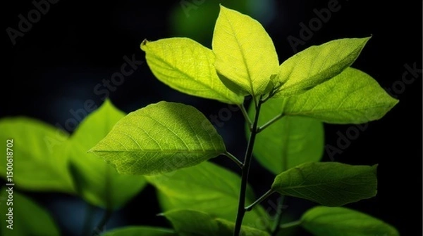 Fototapeta Fresh Green Leaves Illuminated in Low Light with Soft Focus and a Dark Background Creating an Elegant Natural Atmosphere for Stock Photography