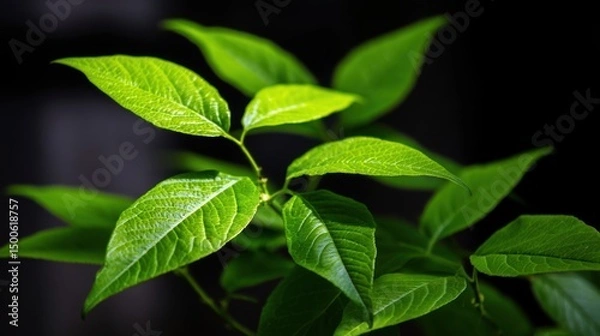 Fototapeta Close-up of Fresh Green Leaves with Detailed Texture Illuminated by Soft Light Against a Dark Background for Nature and Wellness Themes