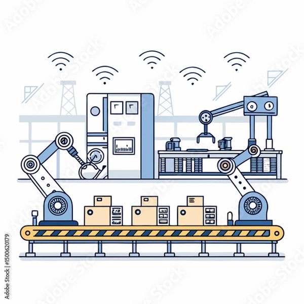 Obraz Create a bold, vector illustration of an automated factory, emphasizing robotic arms and conveyor belts, using a vibrant color palette. Style should be reminiscent of R programming graphics.