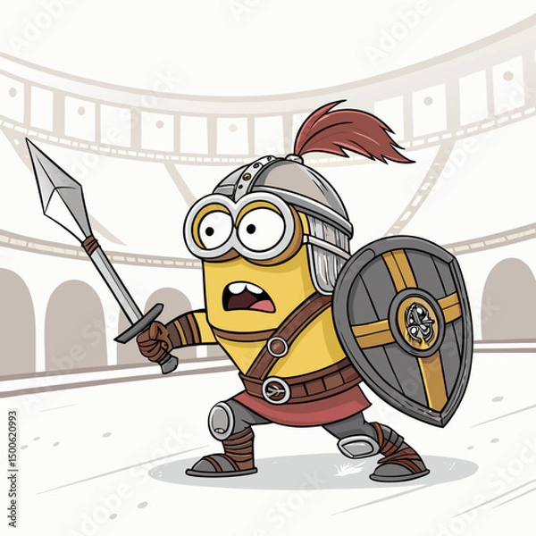 Obraz Create a vector illustration of a battle-ready Minion, featuring bold, thick outlines and intense expression.  High detail, vibrant color.