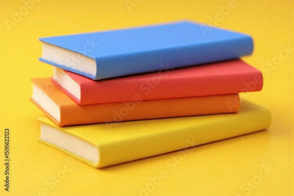 Fototapeta stack of colorful books on a yellow background