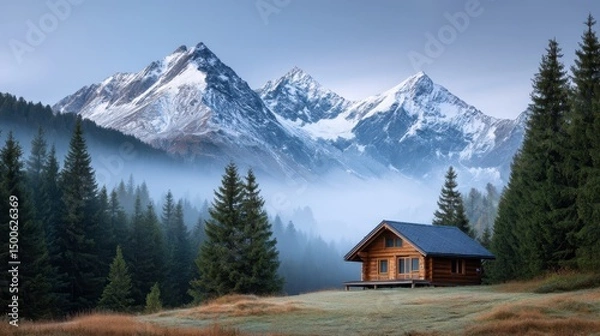 Fototapeta Cabin nestled in a valley with snow capped mountains and a forest in the background