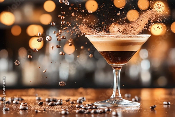Fototapeta Espresso martini explosion—dynamic coffee foam, vodka and espresso drops colliding, scattered coffee beans, and chocolate dust suspended in mid-air, dramatic liquid splash