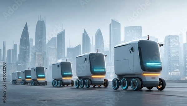 Obraz Autonomous robots in futuristic cities efficiently delivering packages to various locations.