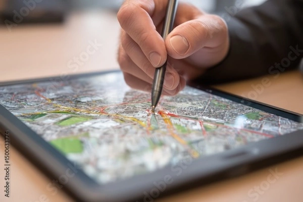 Obraz Close-up of a digital map on a tablet, identifying and marking key locations for navigation.