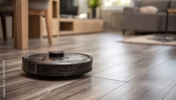 Obraz Robotic vacuum in action, utilizing cutting-edge tech to clean and navigate laminate flooring.