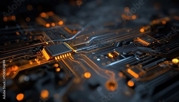 Obraz Detailed view of a sophisticated motherboard pattern, featuring advanced circuits and design elements.