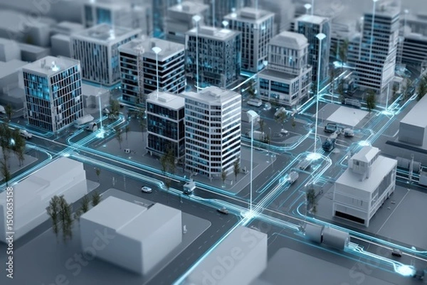 Obraz IoT-enabled smart city in a 3D digital visualization, showcasing urban interconnectedness.