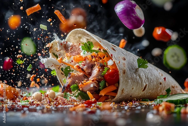 Fototapeta Banh mi sandwich flying in energetic chaos with pickled vegetables, pork slices, cilantro, and baguette halves suspended in midair, creating a dynamic scene of motion and flavor