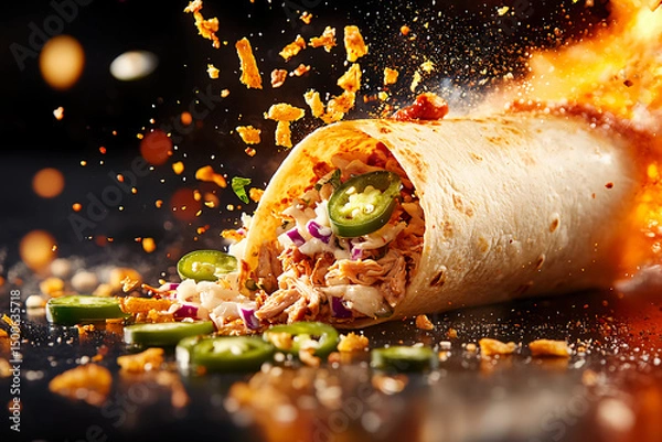 Fototapeta Barbecue Pulled Pork Wrap with BBQ Sauce, Slaw, Pickles, Jalapeños, and Crispy Onion Strings Blasted Open in Zero Gravity, Flying Ingredients in Dynamic Scene
