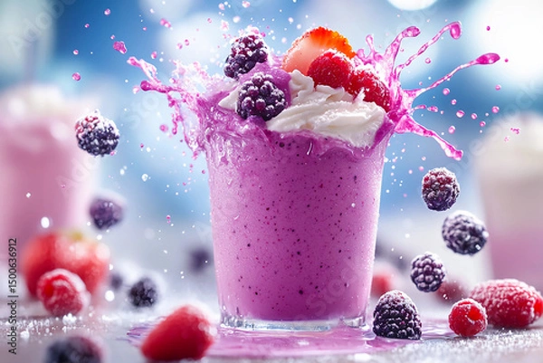 Fototapeta Blackberry milkshake with juicy purple splash, fruit spinning mid-air, frothy cream flying, and syrup arcs creating a storm, vivid motion and dynamic fluid art