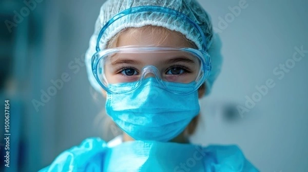 Fototapeta A young child wearing a blue medical mask and a white surgical cap, standing in a hospital setting with a blue and white background.