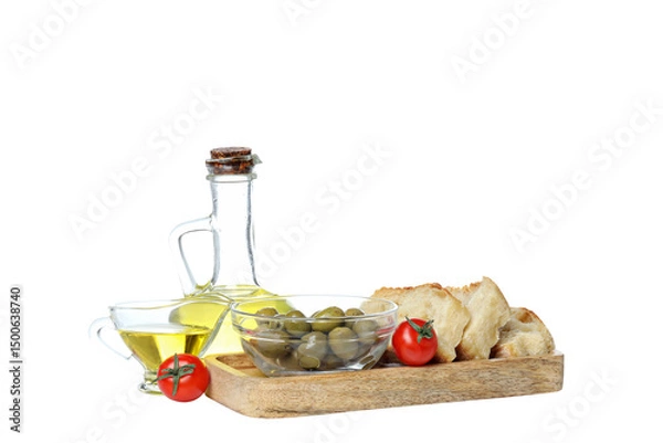 Obraz PNG, olives, tomato, olive oil and bread, isolated on white background.