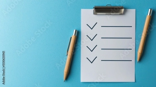 Fototapeta A white clipboard with a list of tasks on a blue background.