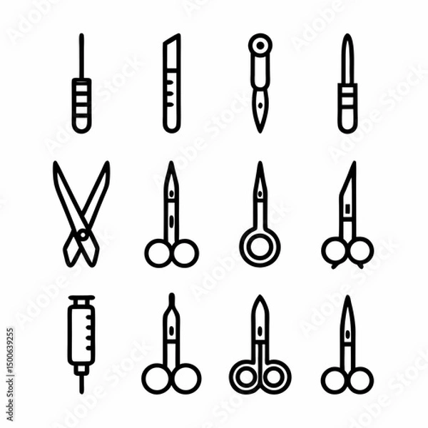 Obraz Create a vector icon depicting bold-stroked surgical instruments; scalpel, forceps, and needle.  High detail, clean lines.
