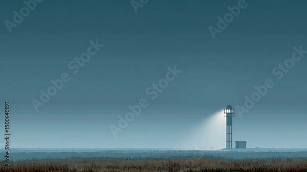 Fototapeta Slender vertical light beacon standing alone in grassy field, symbolizing guidance, solitude, and minimalism in open natural landscape composition.