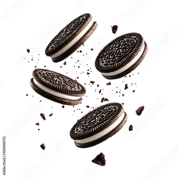 Obraz A studio shot of four oreo cookies floating with cookie crumbs on a plain black colored background space