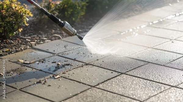 Fototapeta High Pressure Water Jet Cleaning Off Debris from Paved Surface with Stunning Detail and Clarity