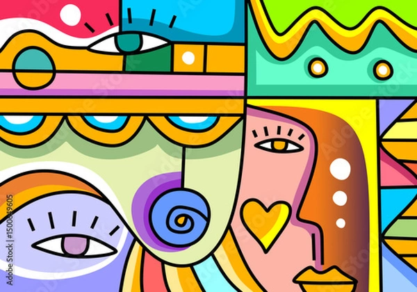 Fototapeta Whimsical cubism illustration with abstract face expressions, swirling patterns, and vivid colors. 
