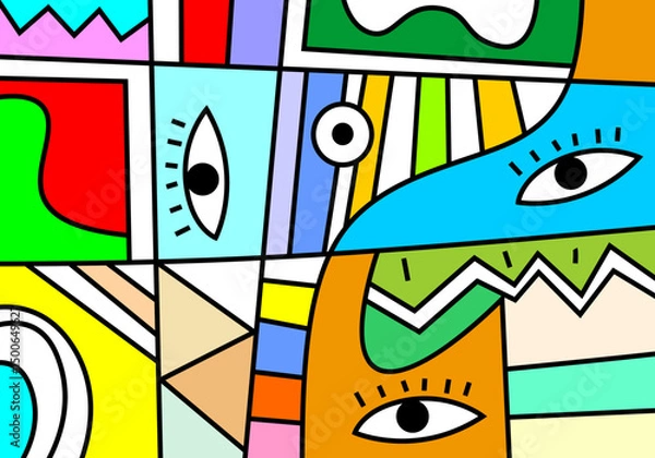 Fototapeta Modern cubist face art in vivid hues, combining abstract line work with expressive eyes and stylized shapes.