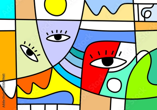 Fototapeta Whimsical cubism illustration with abstract face expressions, swirling patterns, and vivid colors. 