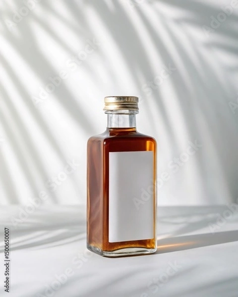 Fototapeta Amber Liquid in Glass Bottle with Blank Label, Minimalist Product Mockup