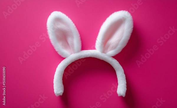 Fototapeta Fluffy white and pink bunny ear headband centered on a soft pink background.
