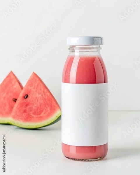 Fototapeta Refreshing Watermelon Juice in Glass Bottle with Blank Label - Mockup