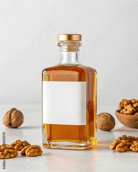 Fototapeta Premium Walnut Oil in Glass Bottle with Blank Label Mockup for Culinary or Cosmetic Use