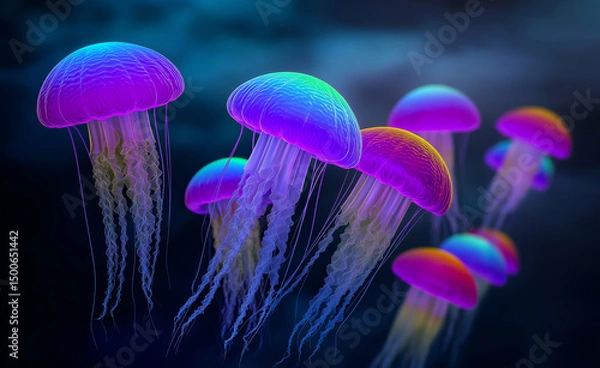 Fototapeta Glowing neon jellyfish floating gracefully in deep ocean water, illuminated in vibrant rainbow colors.

