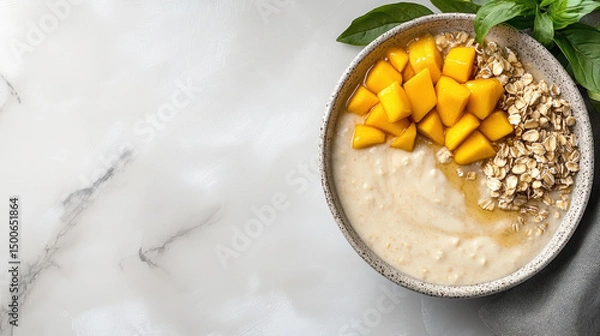 Fototapeta Creamy oats bowl topped with fresh mango chunks and drizzled with honey, perfect for breakfast