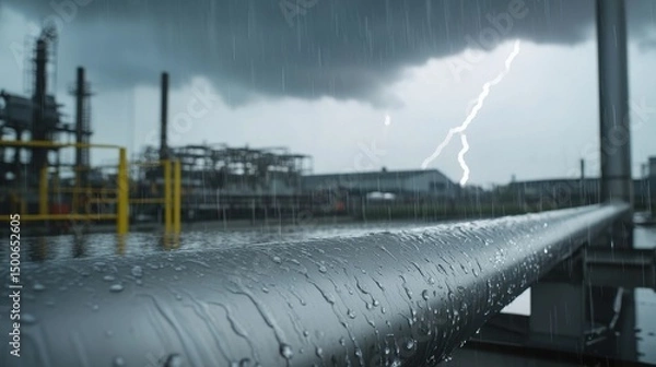 Fototapeta Dark Thunderstorm Rolling Over Industrial Area with Lightning Strikes and Rainfall