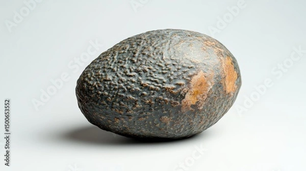 Fototapeta Close up of ripe avocado fruit displaying its dark rough skin texture against plain white backdrop