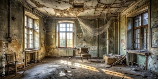 Obraz A room with peeling walls in an old abandoned building, covered in a thick layer of dust and cobwebs, with broken furniture and a general air of neglect , neglected, cobwebbed
