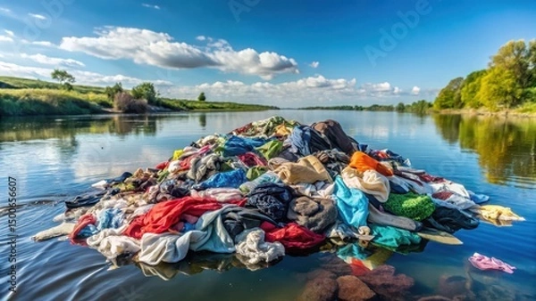 Obraz Pile of discarded clothing floating on surface of river with blue sky in background