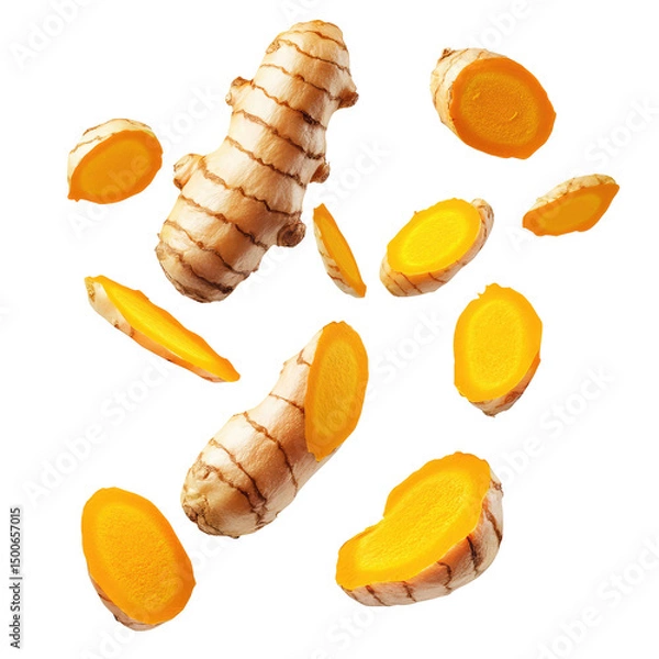 Fototapeta A vibrant image showcasing fresh turmeric roots and slices against a stark black background creating contrast