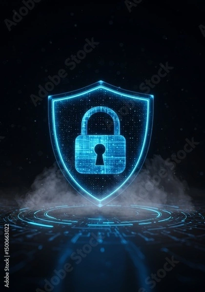 Obraz Abstract Blue Shield And Lock Cyber Security Illustration On Dark Background