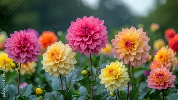 Fototapeta Lush dahlia garden in peak bloom, radiant colors like magenta, coral, and lemon, with crisp clear sky in the background