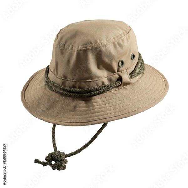Fototapeta A khaki boonie hat with a green rope and a transparent background in a studio setting with soft lighting