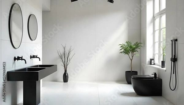 Obraz Minimalist monochrome bathroom with black fixtures, white tiles, and clean lines.
