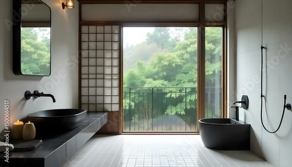 Obraz Minimalist monochrome bathroom with black fixtures, white tiles, and clean lines.