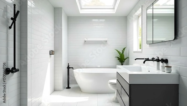 Obraz Minimalist monochrome bathroom with black fixtures, white tiles, and clean lines.
