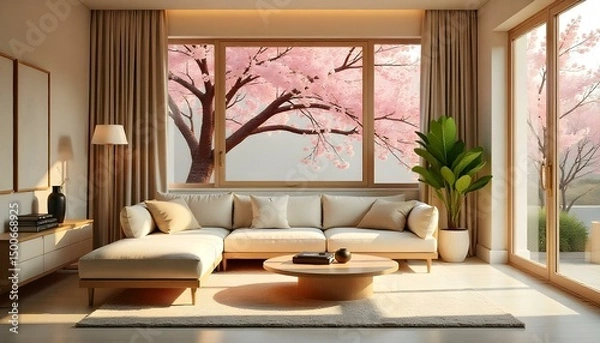 Obraz Modern minimalist living room with neutral tones, large windows, and sleek furniture 