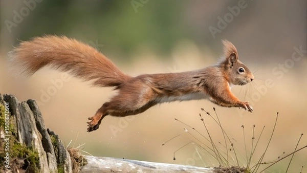 Fototapeta This image features a highly detailed and realistic illustration of a red squirrel. The squirrel is depicted standing on its hind legs in profile, facing slightly to the right, as it holds a nut (poss